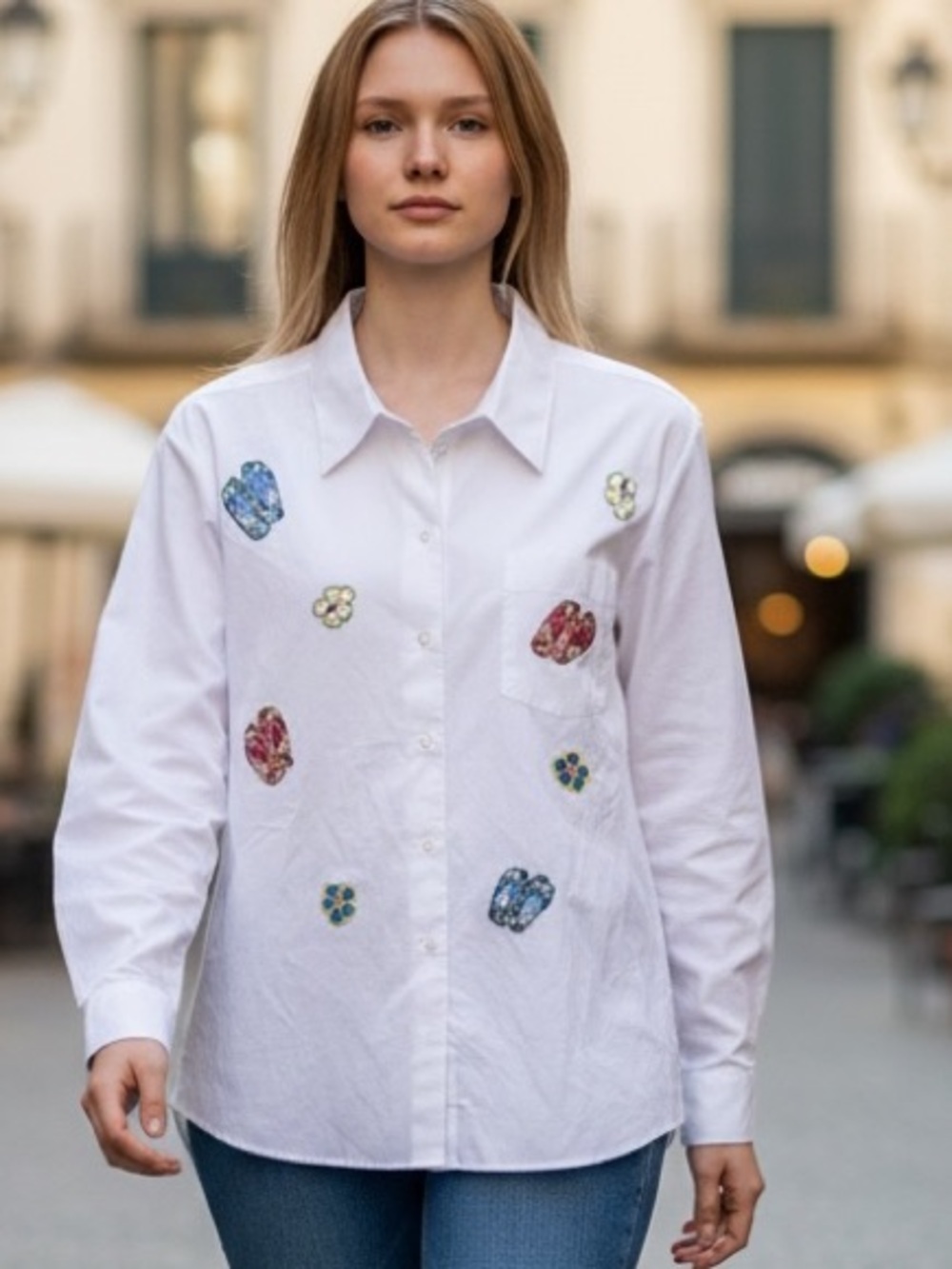 Infinity Raine White Button-Up Shirt with Multicolor Embroidered Accents 1X EUC